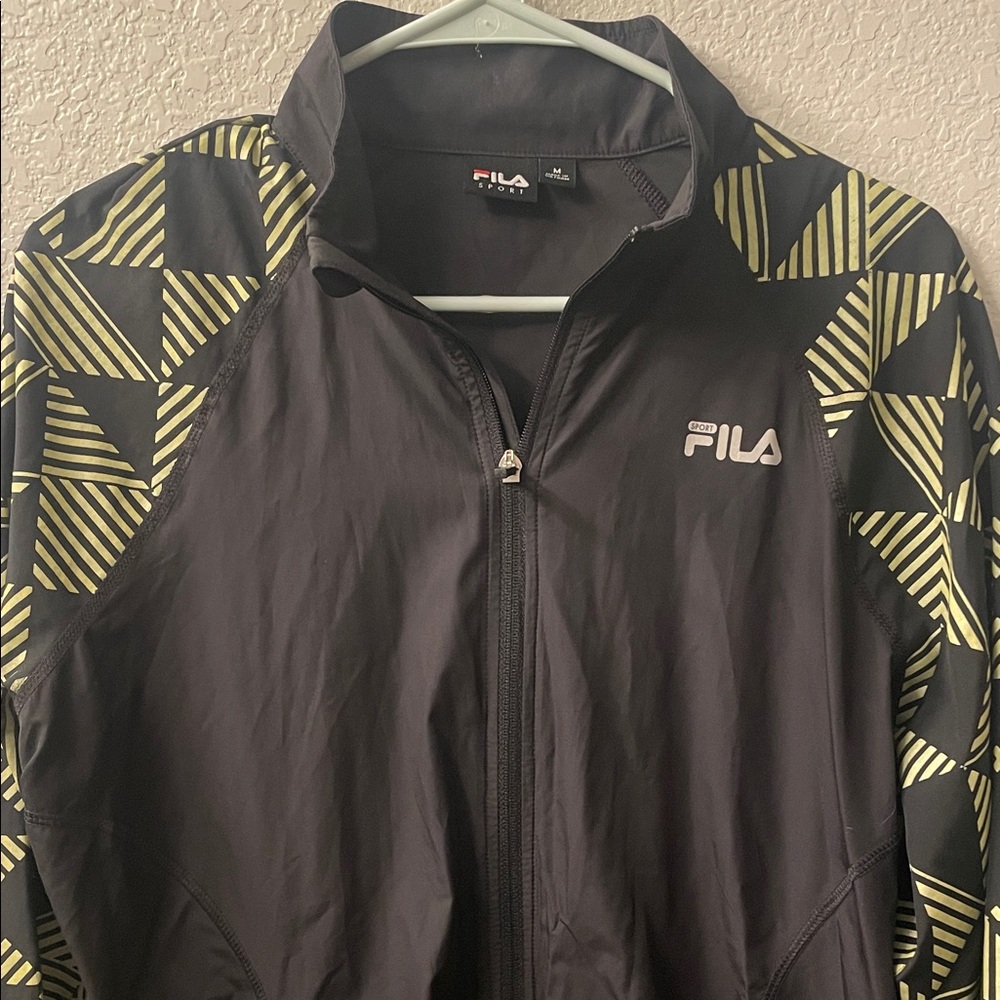 FILA Black Windbreaker with Yellow Geometric Sleeve Pattern